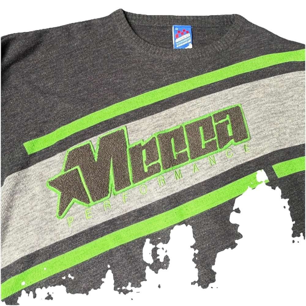 Mecca Sweater Mens XXL Gray Green Crewneck Striped Embroidered Logo Y2K - Picture 2 of 9